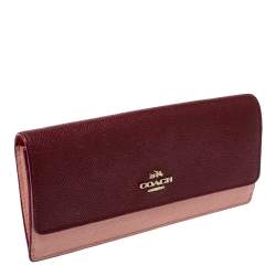 Pre Owned Coach Peach/Maroon Leather Flap Continental Wallet 
