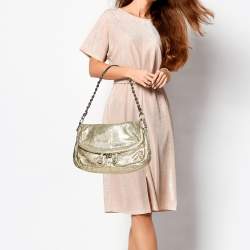Coach Gold Textured Leather Frame Fold Over Hobo