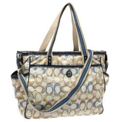 Pre Owned Coach Cream/Blue Signature Nylon Peyton Diaper Bag