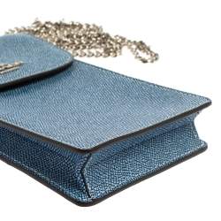 Pre Owned Coach Blue Textured Leather Crossbody Phone Pouch