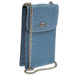 Pre Owned Coach Blue Textured Leather Crossbody Phone Pouch