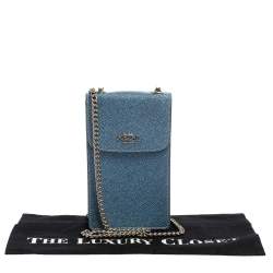 Pre Owned Coach Blue Textured Leather Crossbody Phone Pouch