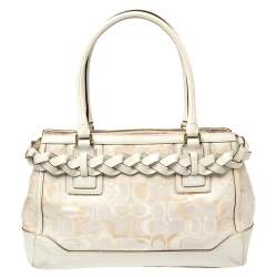 مملوكة مسبقًا Coach White Signature Canvas and Leather Hampton Braided Tote