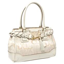 مملوكة مسبقًا Coach White Signature Canvas and Leather Hampton Braided Tote