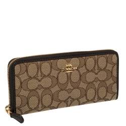 Pre Owned Coach Beige/Brown Signature Canvas and Leather Zip Around Wallet