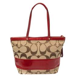 Pre Owned Coach Beige/Red  Signature Canvas And  Patent Leather Zipped Tote