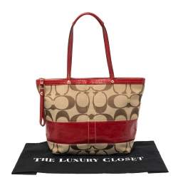 Pre Owned Coach Beige/Red  Signature Canvas And  Patent Leather Zipped Tote