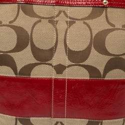 Pre Owned Coach Beige/Red  Signature Canvas And  Patent Leather Zipped Tote