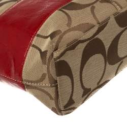 Pre Owned Coach Beige/Red  Signature Canvas And  Patent Leather Zipped Tote