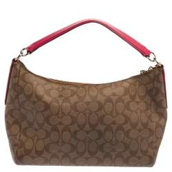 Pre Owned Coach Beige/Fuchsia Signature Coated Canvas and Leather Shoulder Bag