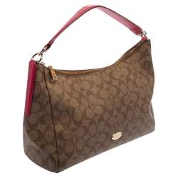Pre Owned Coach Beige/Fuchsia Signature Coated Canvas and Leather Shoulder Bag