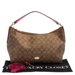 Pre Owned Coach Beige/Fuchsia Signature Coated Canvas and Leather Shoulder Bag