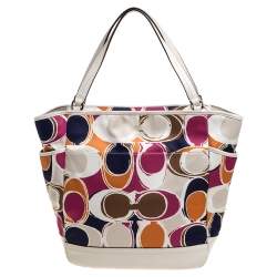 Pre Owned Coach Muticolor Part Op Ast Satin and Leather Carrie Tote 