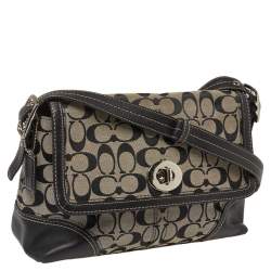 Pre Owned Coach Black/White Signature Canvas and Leather Hampton Shoulder Bag