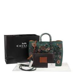 Pre Owned Coach Dark Green Floral Appliqué Leather Rogue Tote