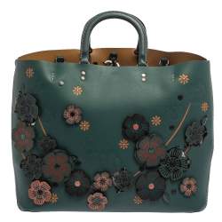 Pre Owned Coach Dark Green Floral Appliqué Leather Rogue Tote