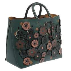 Pre Owned Coach Dark Green Floral Appliqué Leather Rogue Tote
