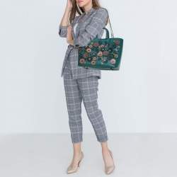 Pre Owned Coach Dark Green Floral Appliqué Leather Rogue Tote