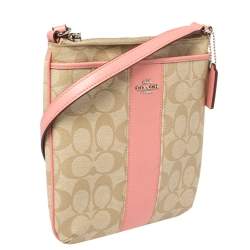 Pre Owned حقيبة كروس كوتش جلد و كانفاس مقوى مطبوع شعار الماركة بيج و وردي