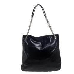 Pre Owned Coach Black Crackled Leather Chain Tote