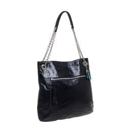 Pre Owned Coach Black Crackled Leather Chain Tote