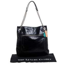 Pre Owned Coach Black Crackled Leather Chain Tote