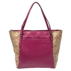Coach Beige/Fuchsia Signature Coated Canvas and Leather Peyton Zip Tote 