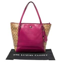 Coach Beige/Fuchsia Signature Coated Canvas and Leather Peyton Zip Tote 