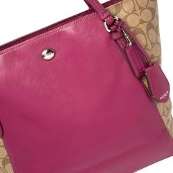 Coach Beige/Fuchsia Signature Coated Canvas and Leather Peyton Zip Tote 