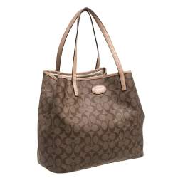 Pre Owned Coach Beige/Brown Signature Canvas and Leather City Zip Top Tote