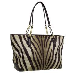 Pre Owned Coach Green/Brown Zebra Print Canvas and Leather Madison Tote