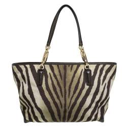 Pre Owned Coach Green/Brown Zebra Print Canvas and Leather Madison Tote