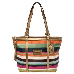 Pre Owned Coach Multicolour Satin and Leather Striped Legacy Tote