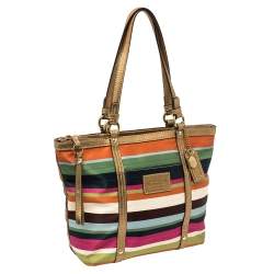 Pre Owned Coach Multicolour Satin and Leather Striped Legacy Tote