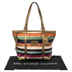 Pre Owned Coach Multicolour Satin and Leather Striped Legacy Tote