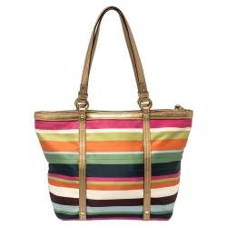Pre Owned Coach Multicolour Satin and Leather Striped Legacy Tote