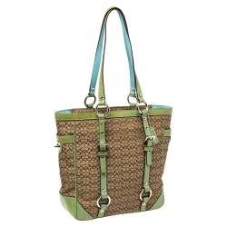 Coach Brown Signature Canvas and Green Patent Leather Tote