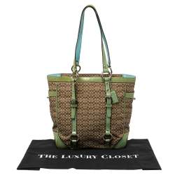 Coach Brown Signature Canvas and Green Patent Leather Tote