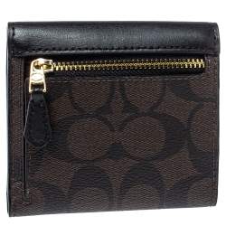 Pre Owned Coach Brown/Black Coated Canvas and Leather Trifold Wallet