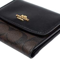 Pre Owned Coach Brown/Black Coated Canvas and Leather Trifold Wallet