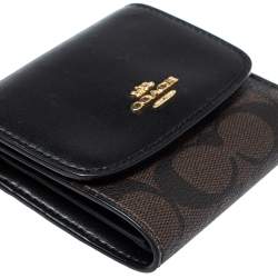 Pre Owned Coach Brown/Black Coated Canvas and Leather Trifold Wallet