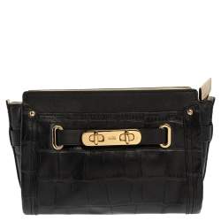 Pre Owned Coach Black Croc Embossed Leather Shoulder Bag