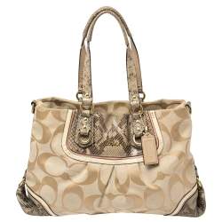 Coach Beige Signature Canvas And Python Embossed Leather Ashley Tote