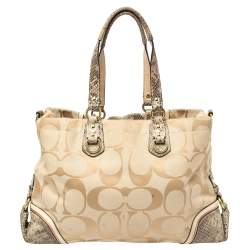 Coach Beige Signature Canvas And Python Embossed Leather Ashley Tote