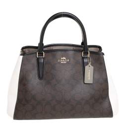 Pre Owned Coach Brown/White Signature Coated Canvas and Leather Sage Carryall Satchel