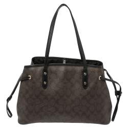 Pre Owned Coach Dark Brown Signature Coated Canvas and Leather Drawstring Carryall Satchel