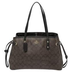 Pre Owned Coach Dark Brown Signature Coated Canvas and Leather Drawstring Carryall Satchel