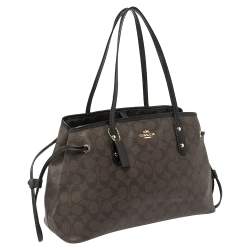 Pre Owned Coach Dark Brown Signature Coated Canvas and Leather Drawstring Carryall Satchel