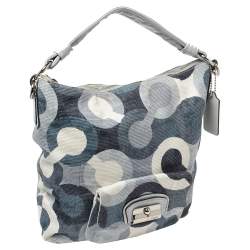 Pre Owned Coach Blue/White Op Art Canvas and Leather Kristin Hobo