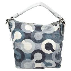 Pre Owned Coach Blue/White Op Art Canvas and Leather Kristin Hobo